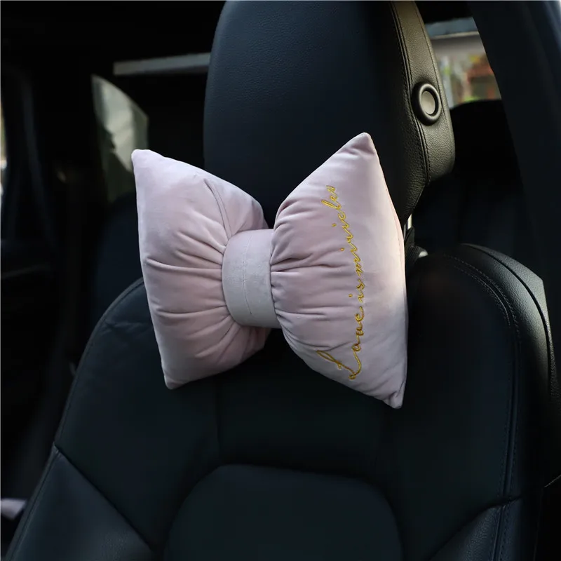 Car Seat Headrest Pillow Cute Bow Velvet Head Support Cushion Lumbar Pillow  Soft Ice Silk Breathable Detachable Car Accessories