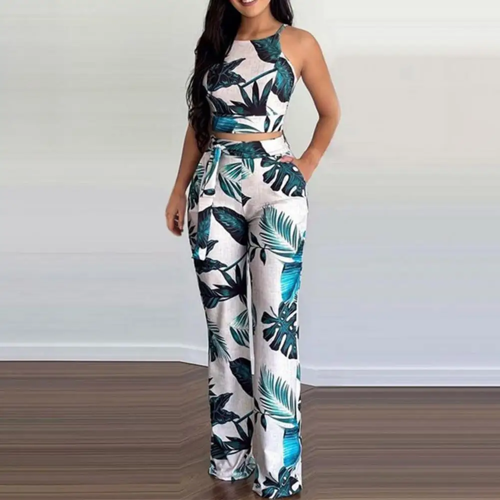 

1 Set Great Women Costume Flower Pattern Machine Washable Soft Women Vest Wide-leg Pants Casual Outfit Set