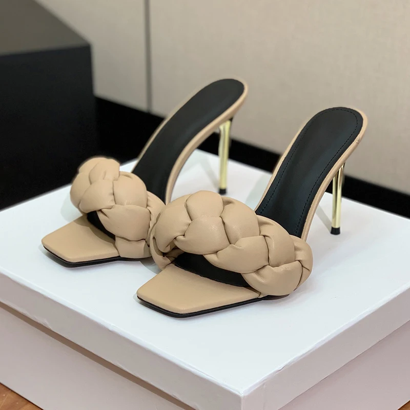 

Fashion New High Heel Sandals Summer Hemp Flower Design Upper Banquet Female Slippers Appear Whiten Square Toe Women's Pumps