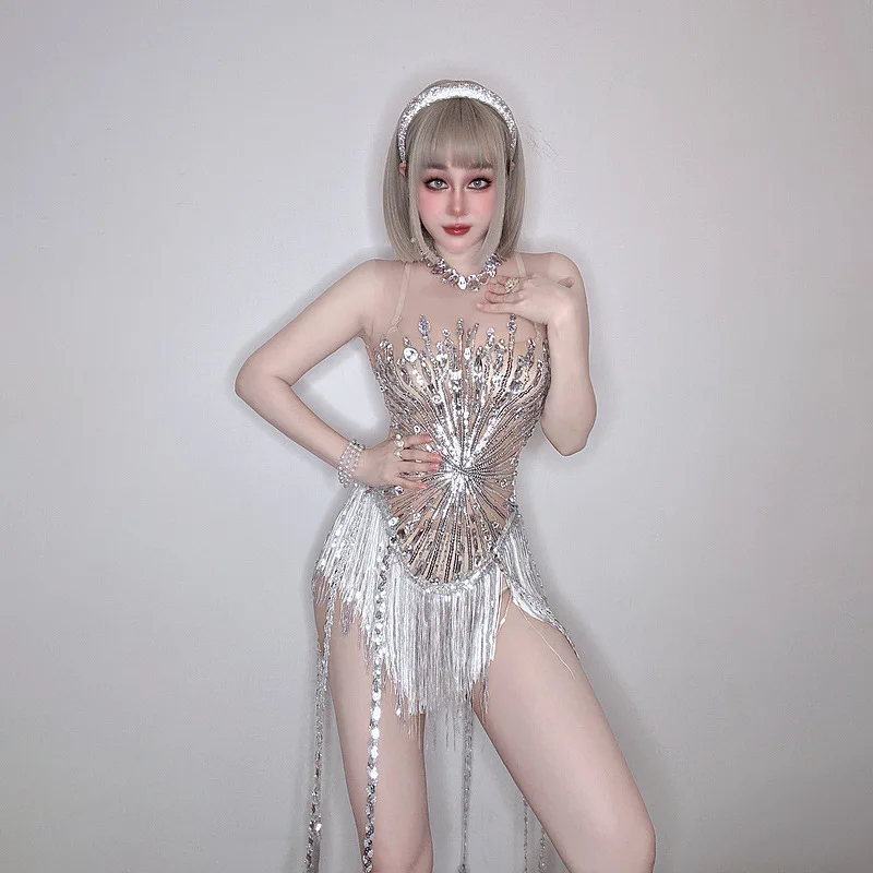 

Flashing Mesh Rhinestones Tassels Sexy Sheath Mini Dress Body Chains Evening Party Costume Club Night Bodysuit Body Jewelry