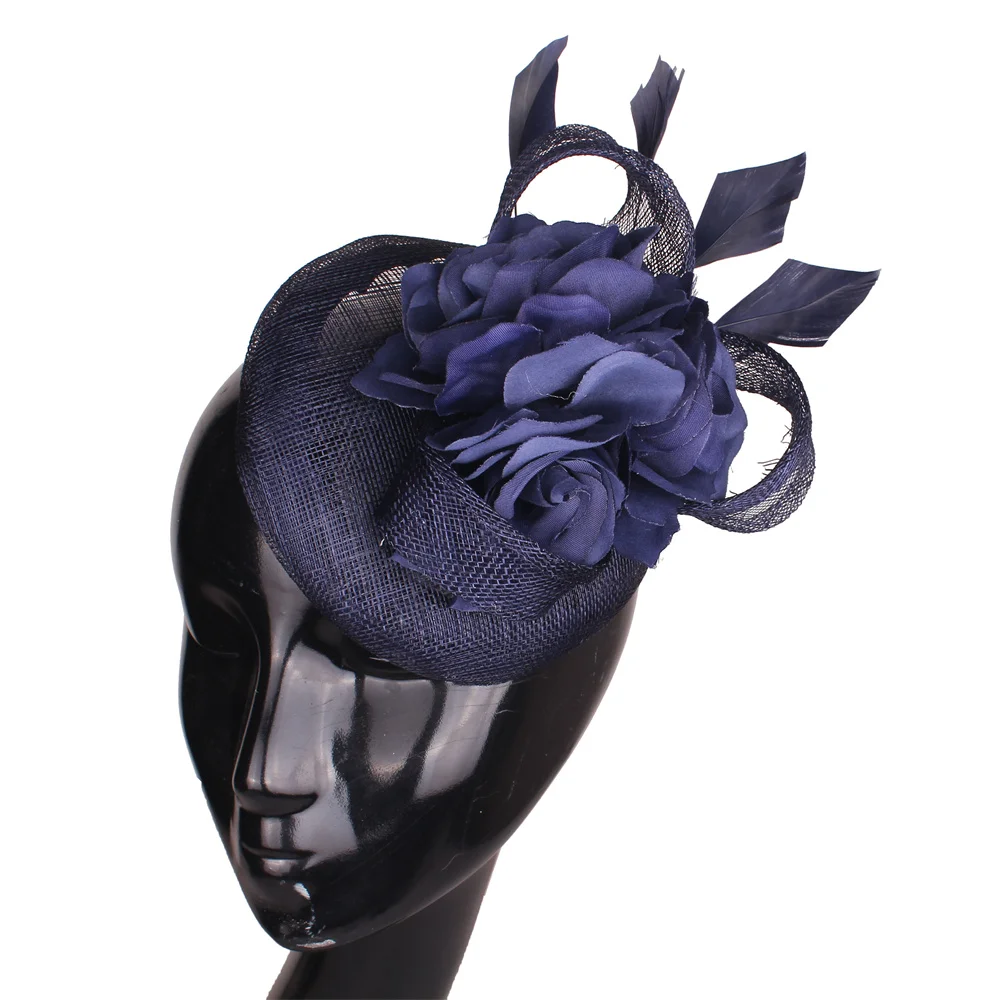 

New Elegant Sinamay Fascinators Hat Flower Hair Accessories Navy Women Femme Wedding Millinery Derby Hats Headbands Headpiece