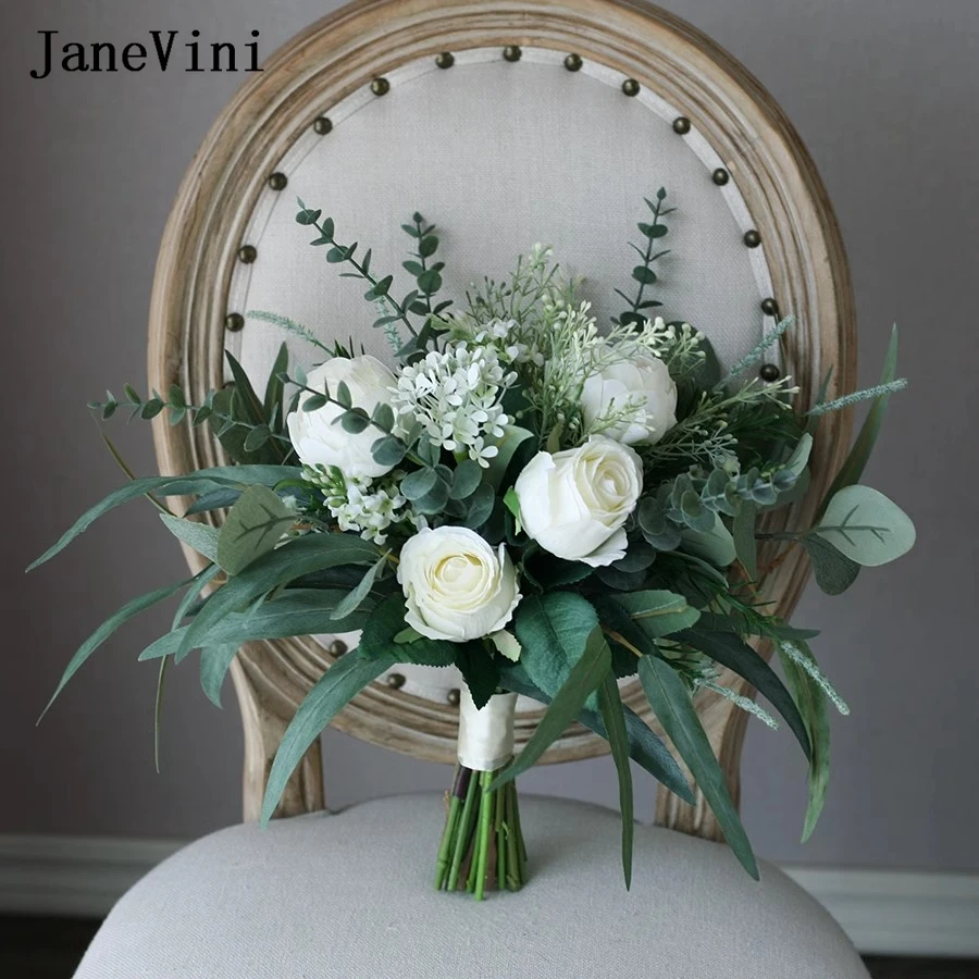 JaneVini Bridal Bridesmaid Wedding Bouquet De Fleur White Silk Rose Artificial Bride Flower Bouquet De Mariage Green Accessories