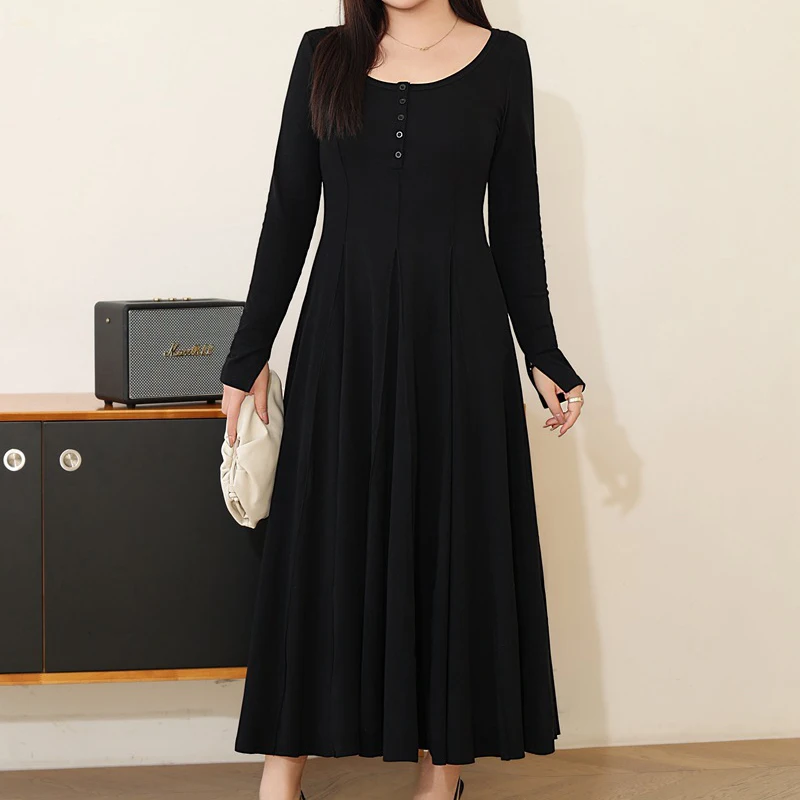 Plus Size Women's's Long Dress Premium Supermodel Drape Effect Big O-Neck Floor-Length Dresses Autumn New 2025