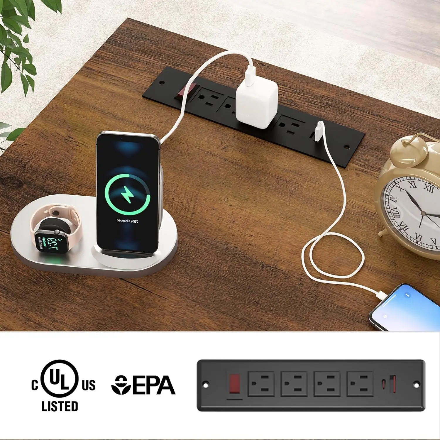 47" Executive Desk, Computer Desk with 2 Drawers and Storage Cabinet, Home Office Desk with Hutch, Charging Hub, Workspace