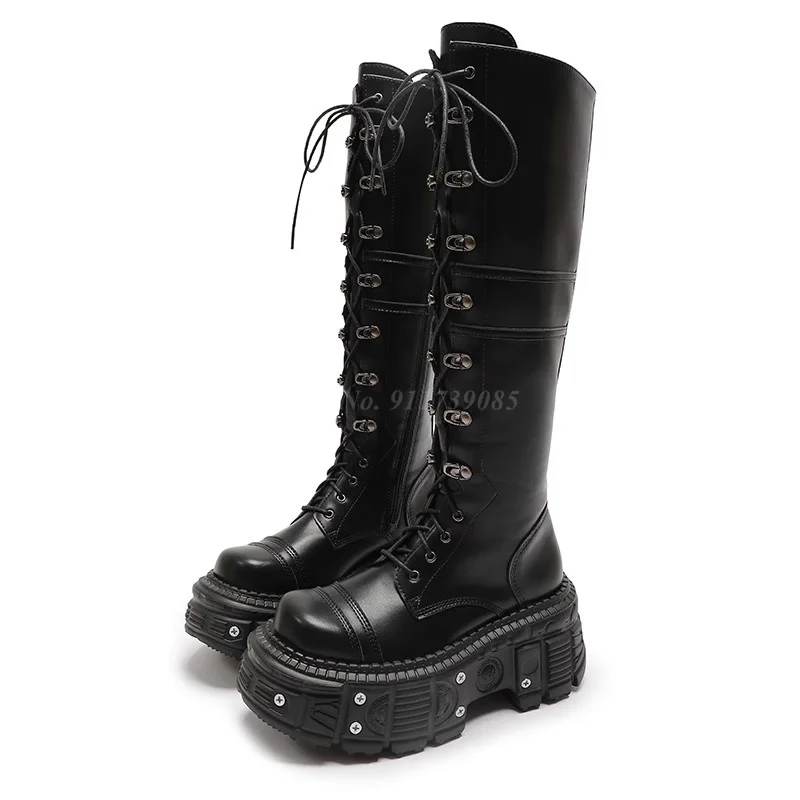 

Thick Bottom Lace Up Knight Boots for Women New Rivets Decor High Barrel Long Boots Lace Up Black Knee High Boots Spring Autumn