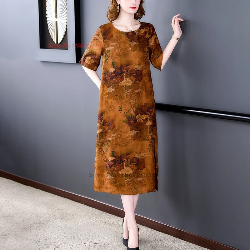 

2024 chinese vintage dress improved cheongsam national flower print o-neck loose dress qipao oriental elegant folk dress vestido