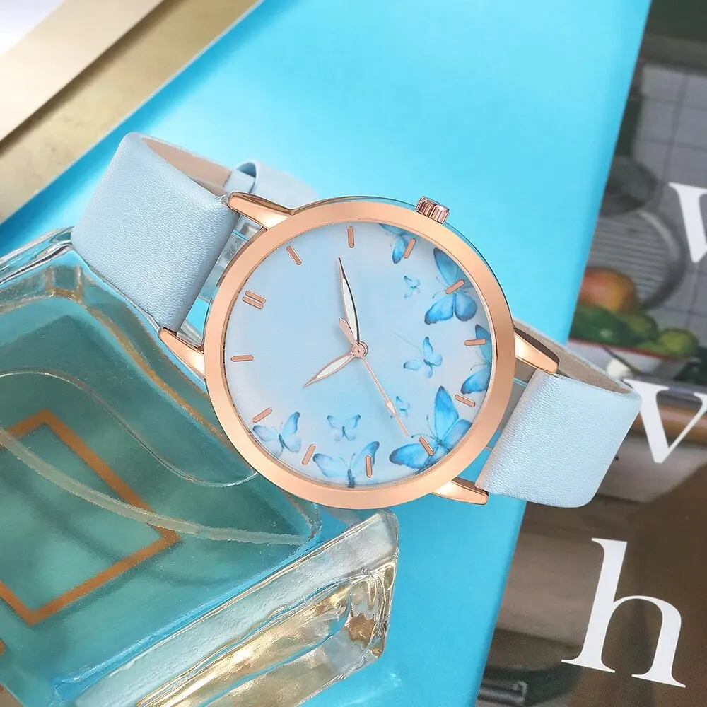 Women Watches 7pcs Women's Watch Set Fashion Casual Blue Butterfly Quartz Watch Fashion Casual Bracelet Set