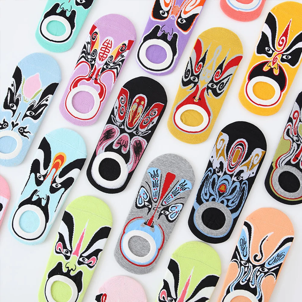6Pairs Peking Opera Pattern Boat Sock Pure Cotton Breathable Deodorant Shallow Mouth Low-Top Tide Colorful Chinese Style Socks