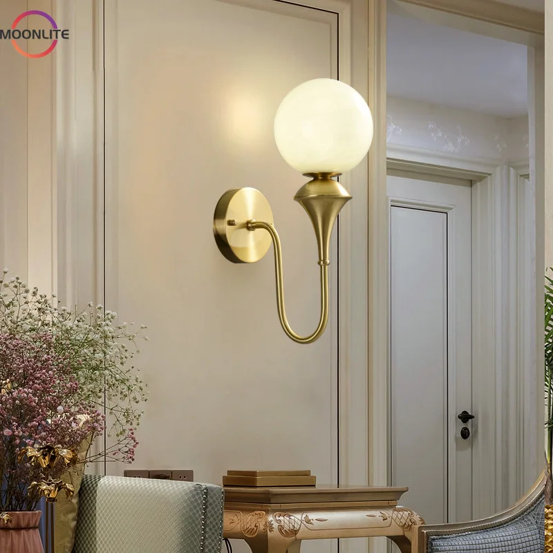 Copper Wall Lamp Bedroom Bedside Light Modern Simple White Glass Ball Golden Wall Lamp Luxury Living Roomhousehold Wall Lamp