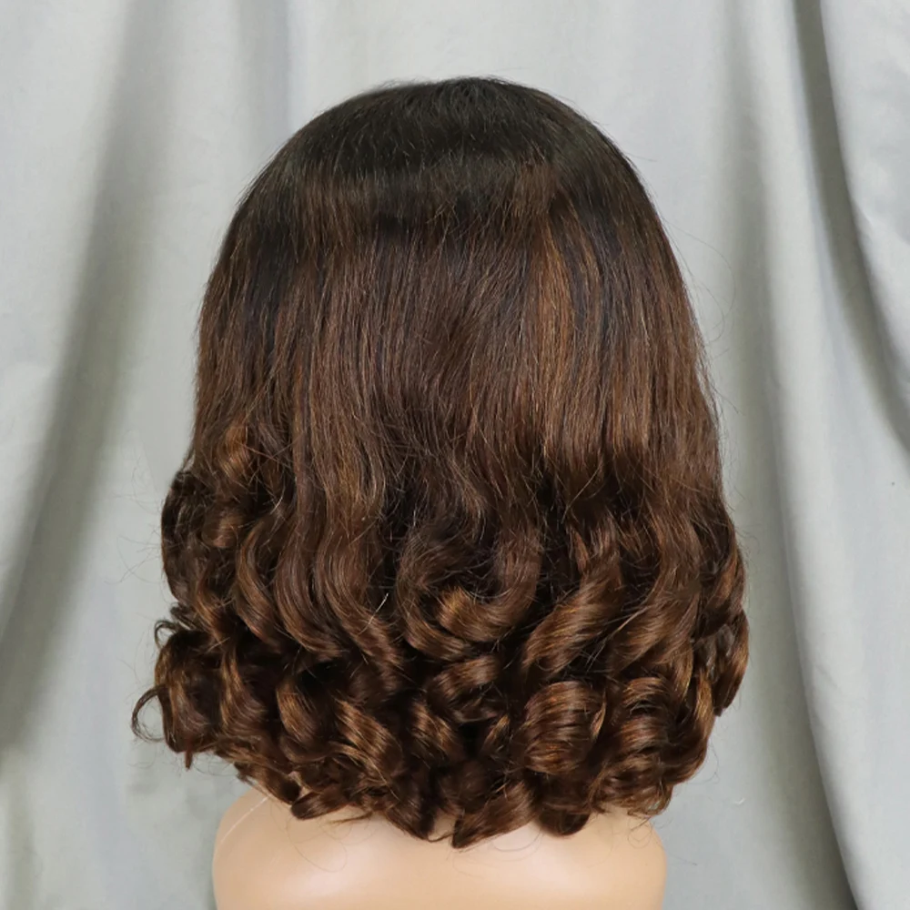 200% Density 14 Inches Loose Wave Fumi Bouncy Curly Wigs Real Human Hair  Double Drawn Hair Wigs 13x4  Lace Frontal Wigs