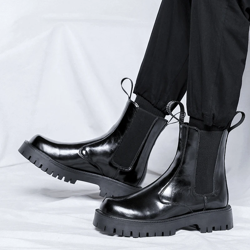 

Elegant Black Boots High Quality Round Head Chelsea Men Leather Boots Men Thick Sole Designer Boots Formal Winter Ankle Boots