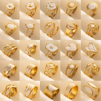 Anello a goccia bianco placcato oro reale con stella a forma di cuore Anello aperto regolabile vintage in acciaio inossidabile per donna Uomo Gioielli Compleanno 1