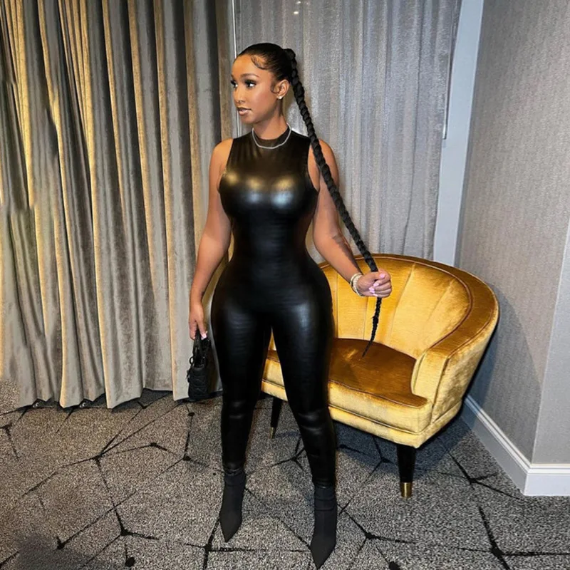 

Fashion Black PU Imitation Leather Jumpsuit Women Sexy O Neck Sleeveless Pants Skinny Club Party Body Romper Overalls One-piece