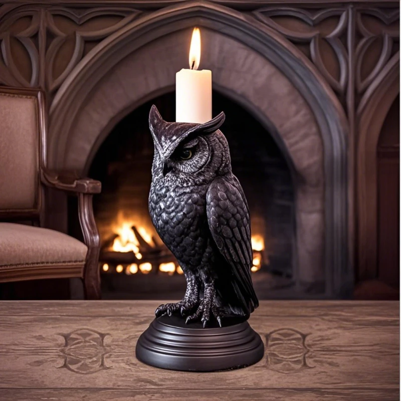 Gothic Crow Candle Holder Retro Black Owl Candlestick Resin Sculpture Craft Statue Fun Atmosphere Home Decoration