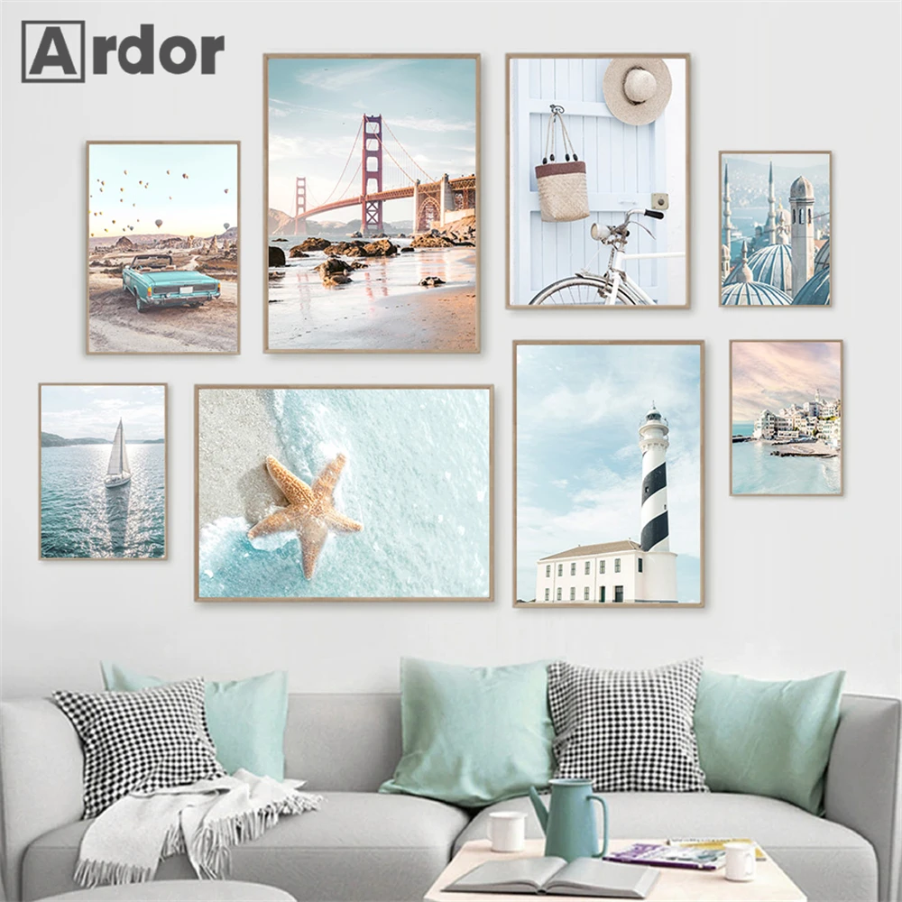 

Starfish Bridge Bike Boat Lighthouse Canvas Painting Sea Beach Posters And Prints Nordic Wall Art Picture Living Room Home Decor