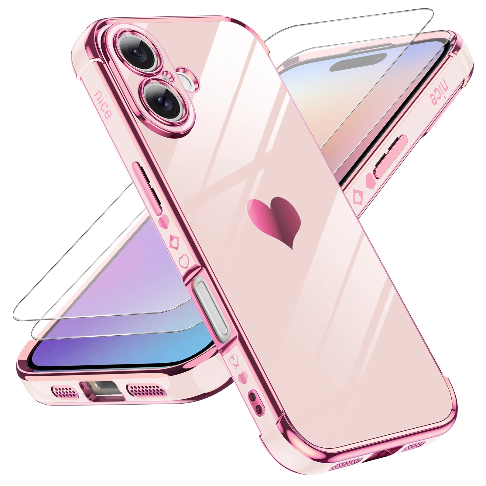 Phone Case for iPhone 16/16 Plus/16 Pro/16 Pro Max &ndash; Shockproof Soft TPU Heart Pattern with 2 Tempered Glass Screen Protectors,