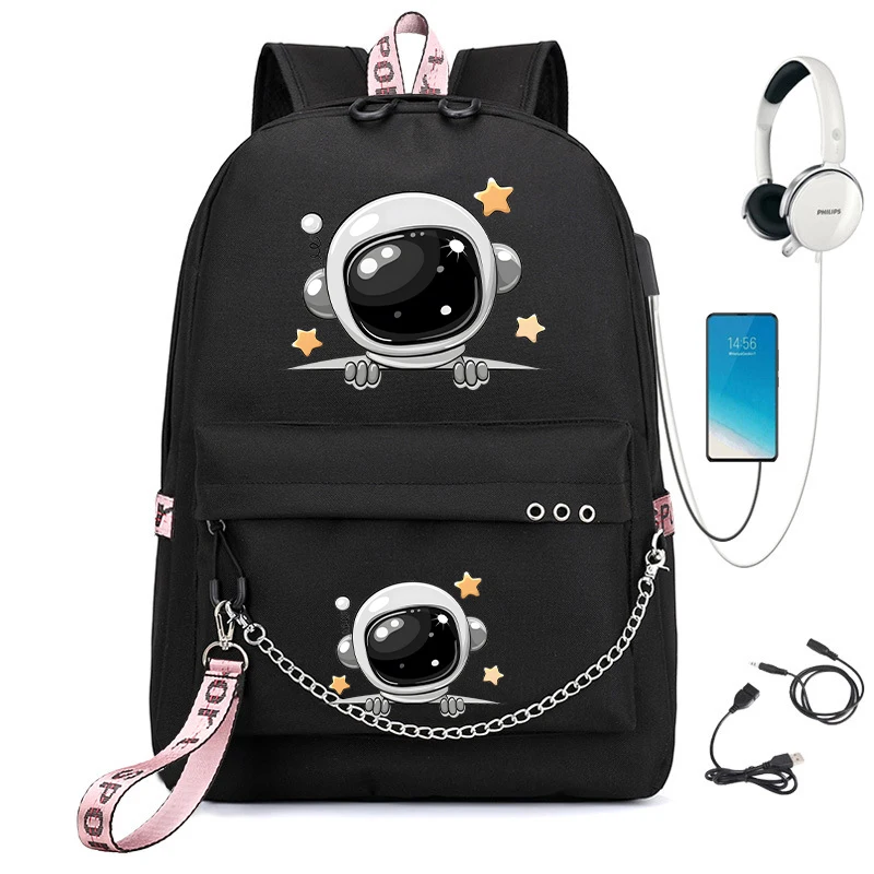 

Рюкзак для девочек с милым мультяшным астронавтом, школьные ранцы для студентов, Женский ранец для ноутбука для подростков с Usb-зарядкой