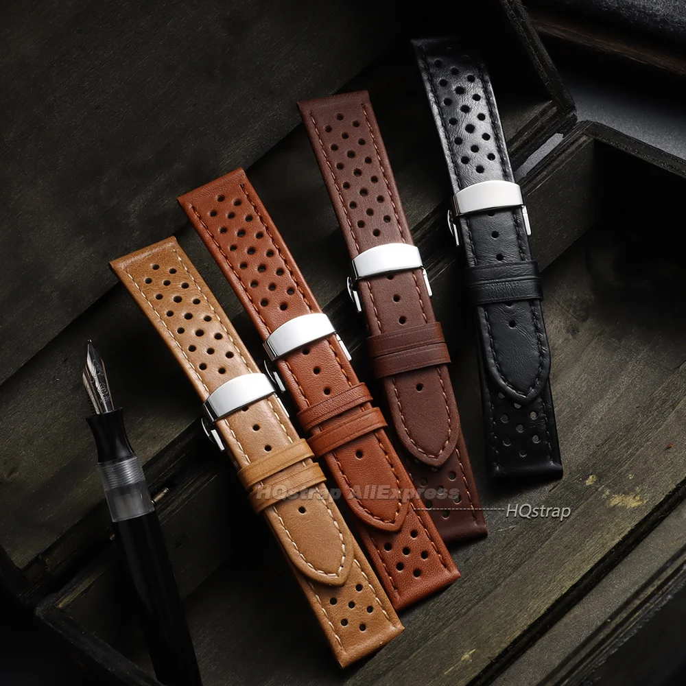 Breathable Leather Watch Strap with Quick Release and Butterfly Buckle