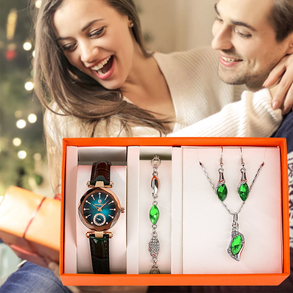 Luxury Christmas New Year's Gift for Wife Quartz Leather Diamond Watch Beautiful Bracelet Necklace Jewellery Set for Girlfriend