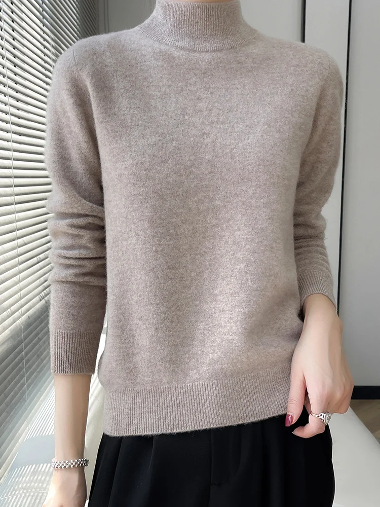 

100% Merino Wool Sweater Women Autumn Winter Pullovers Mock Neck Long Sleeves Cashmere Knitwear Female Basic Bottoming Shirt