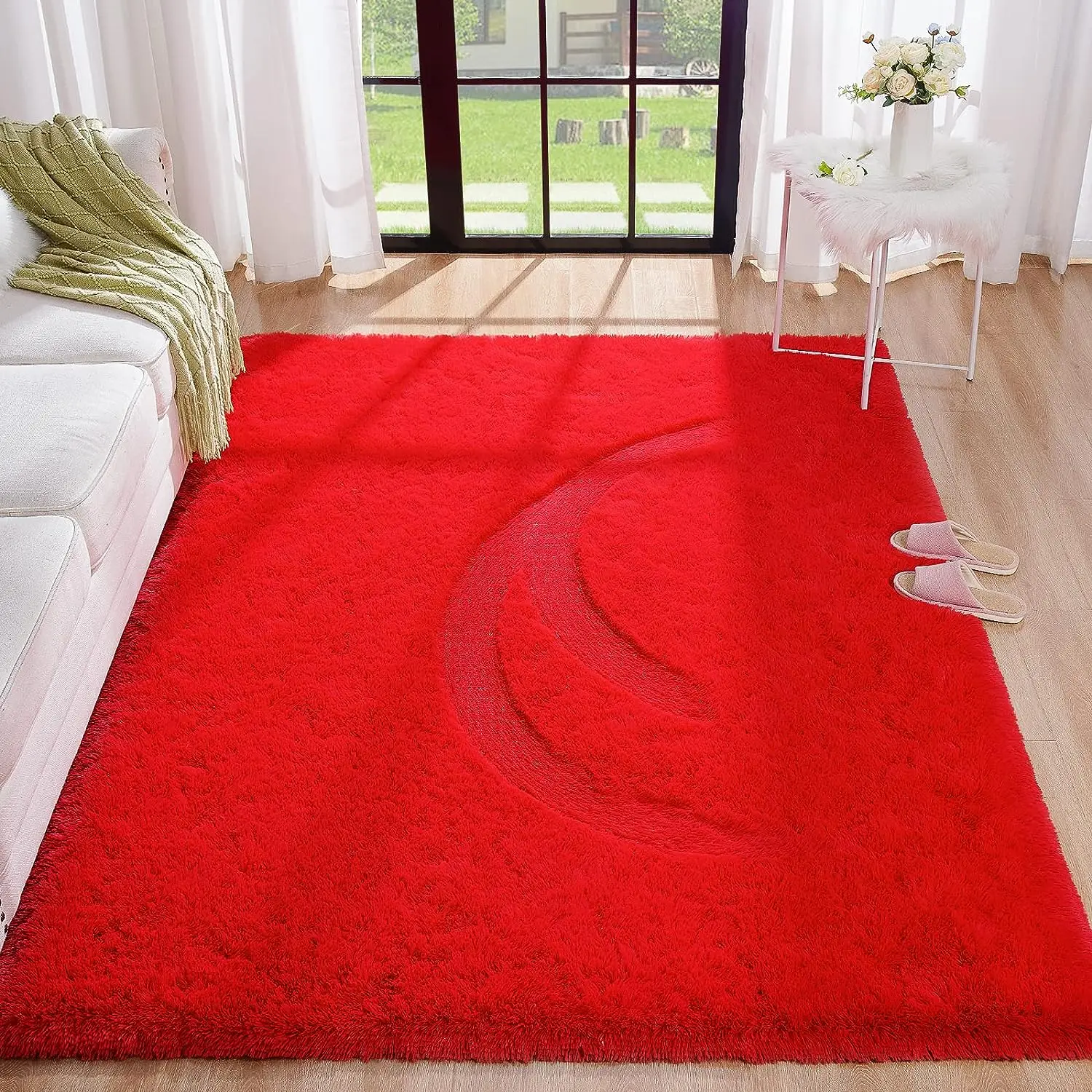 Christmas Red Fluffy Rug Ultra Soft Furry Bedroom Kids Room Living Room Shaggy Nursery Rug Furry Floor Carpet Modern Decor Cute