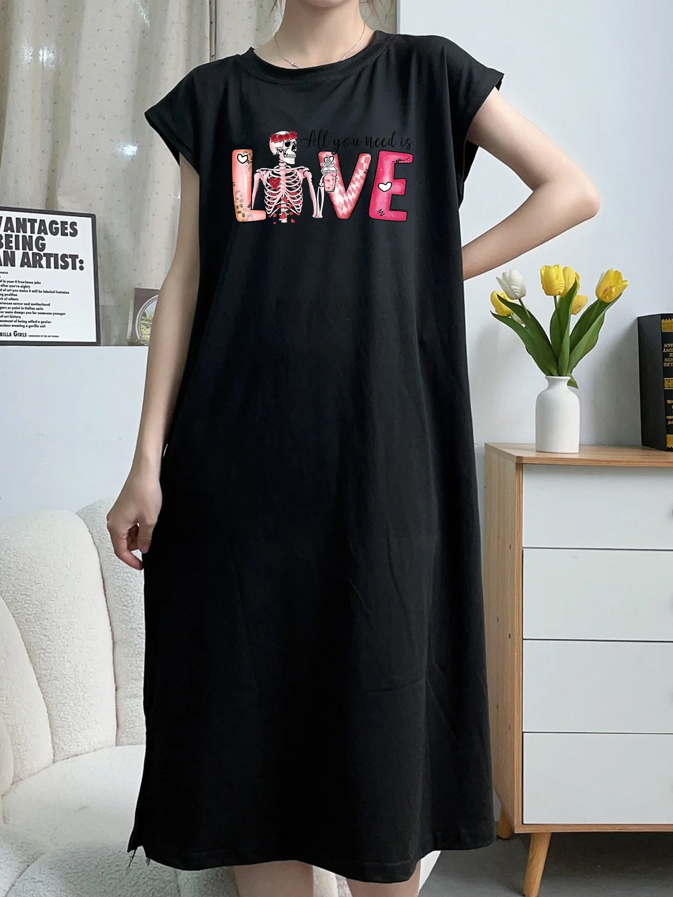 

Valentine's Day LOVE Head Wearing Flower wreath Skeleton Drinking Coffee Girl Gift DIY Pattern Round Neck Sleeveless Dress