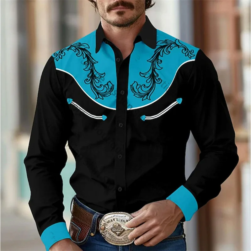 thumbnail image 1 of Camisa de hombre estilo retro occidental con estampado floral 2024, informal, para exteriores, calle, uso diario, primavera y verano, con solapa, manga larga, color negro, tallas S a 5XL, tejido elást, 1 of 4