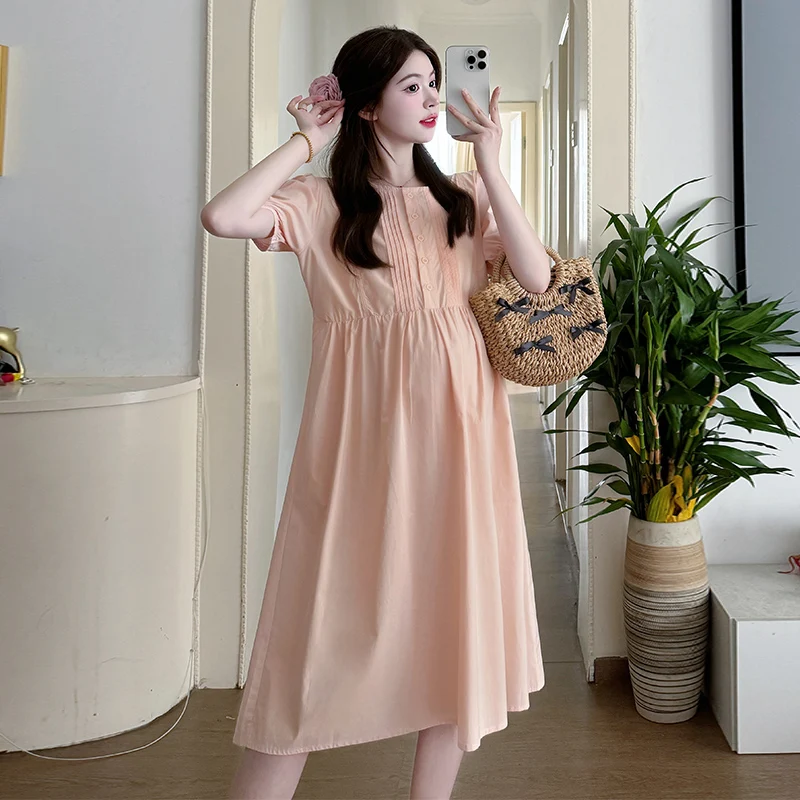 

Summer Fashionable Trendy Pregnant Women's Dresses Puff Sleeve O-Neck Button Fly Maternity A-Line Dress Elegant Lady Clothing