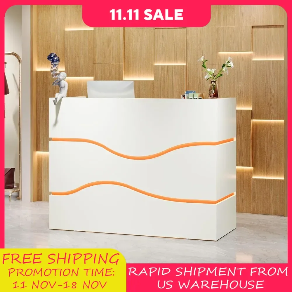 Modern Reception Desk LED Lights, 55.12-Inch Modern Front Desk Reception Counter, Checkout Counter for Room, Lobby