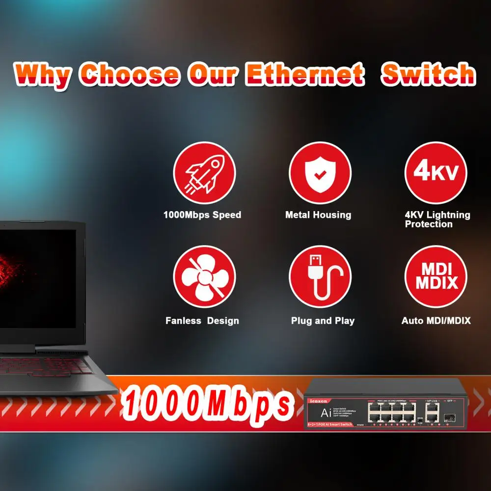 Ienron 이더넷 스위치 기가비트 네트워크 스위치, 11 포트, 1000Mbps, 와이파이 라우터, 카메라, 무선 AP, IEEE 802.3 af/at
