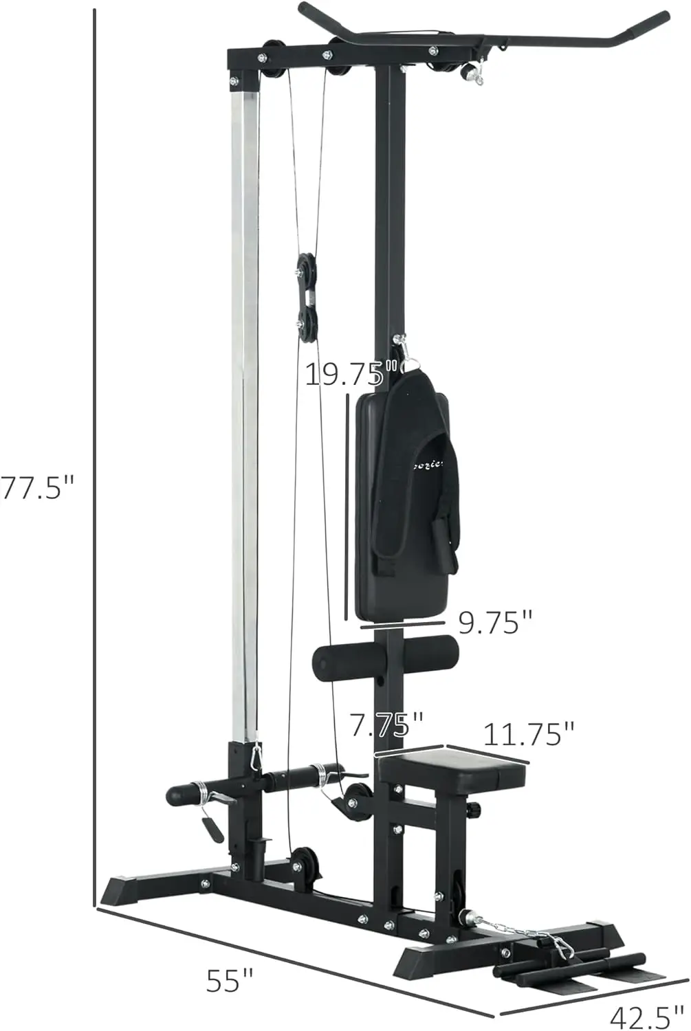 Cable Machine, LAT Machine with High and Low Pulley Stations, Cable Row Machine with Adjustable Seat and Flip-Up Footplate