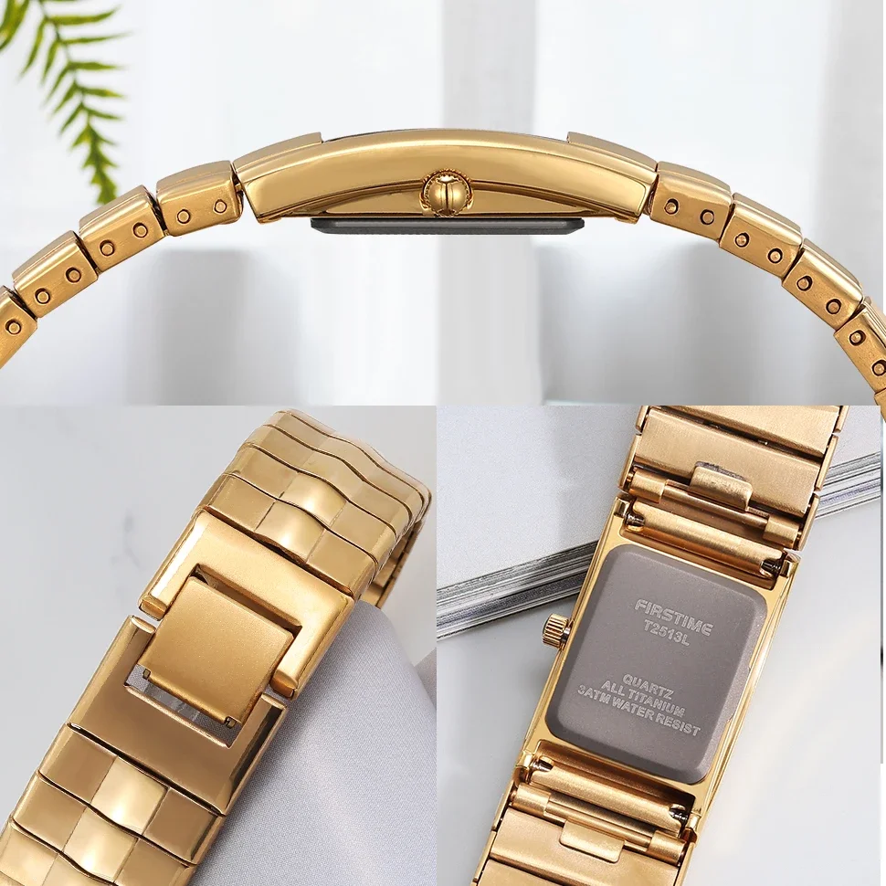 Berny Women Rectangle Watch Titanium Ladies Quartz Wristwatch Miyota 5Y20 Calendar Gold Tone Easy Lightweight Waterproof Watch