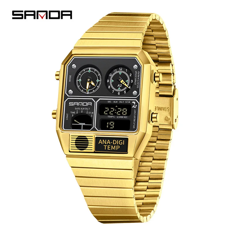SANDA 3192 Men's Electronic Watch Square Stainless Steel Temperature Measurement Stopwatch Timing Multi functional Watch 6