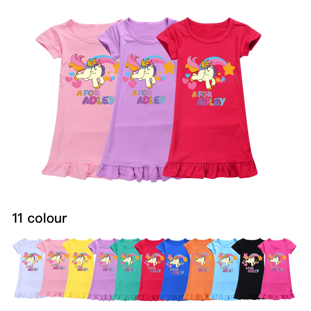 

A for Adley Nightdress Little Teen Girl Pajamas Dresses Summer Children Cartoon Cotton Nightgown Home Clothes Kids Sleepwear