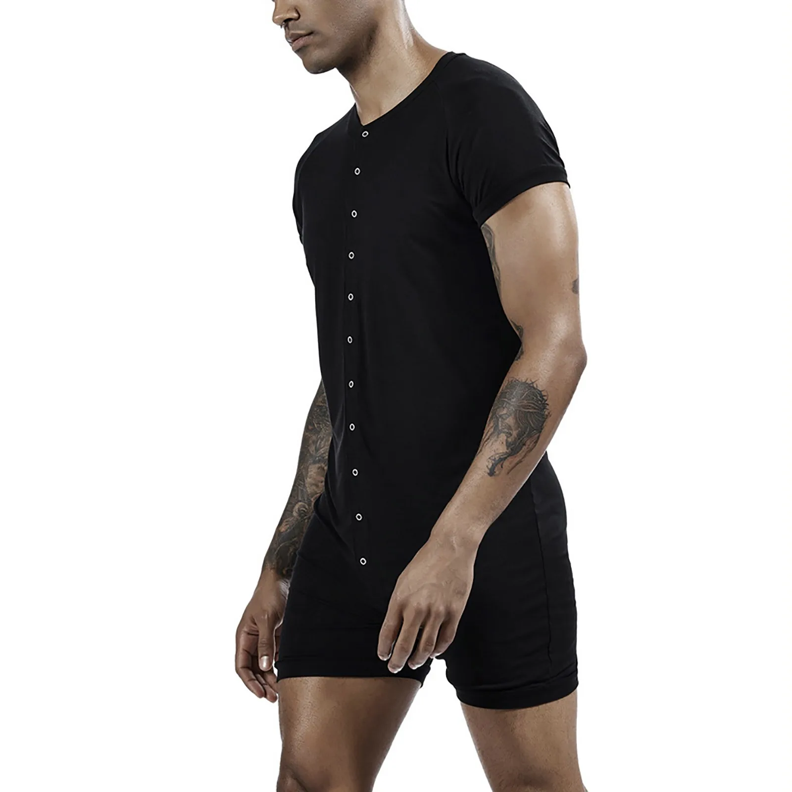 Male Short Sleeve Jumpsuit Spring Tight Soild Color Button Jumpsuit Summer Home Clothes Man Cozy Sleepwears