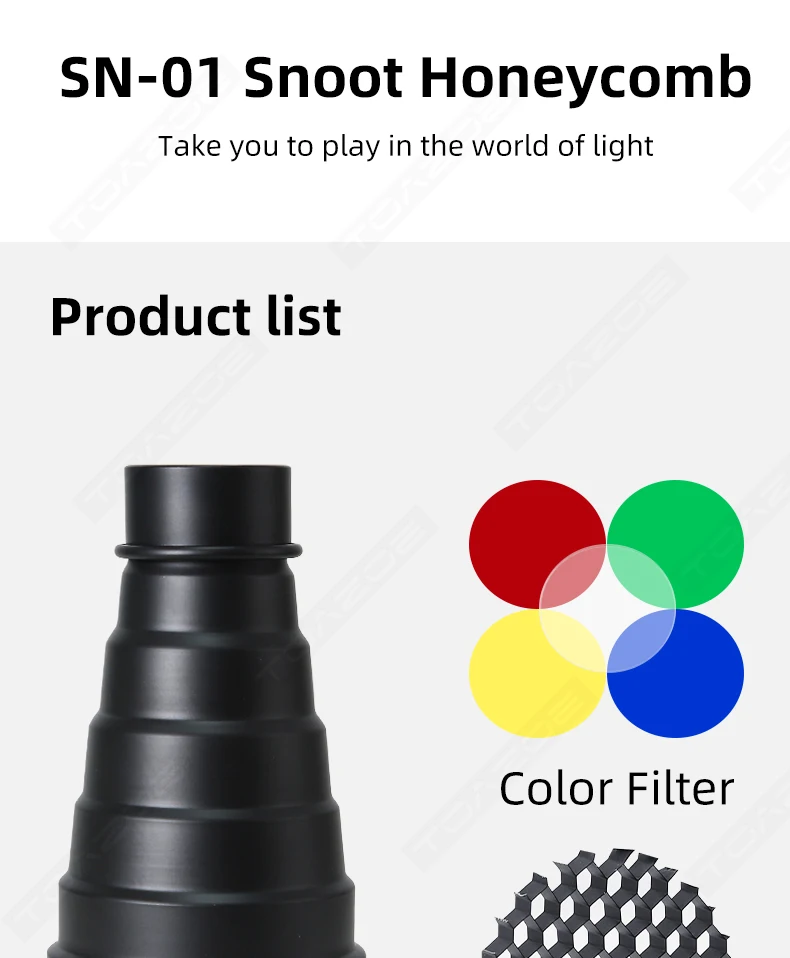 Description Picture 3 of itemMetal Conical Snoot with Honeycomb Grid 5pcs Color Filter Kit for Bowens Mount Studio Strobe Monolight Photography Flash