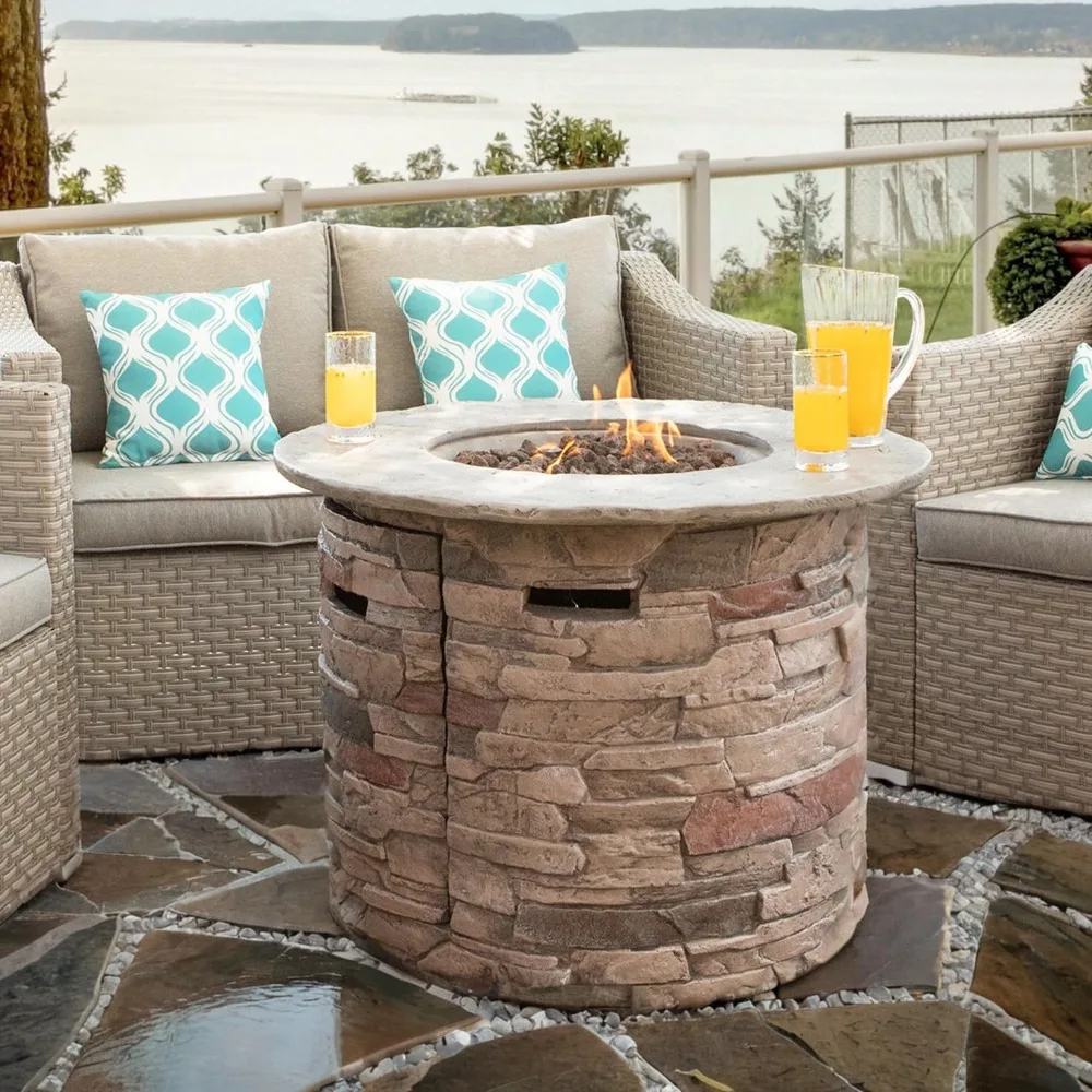 Outdoor Fire Pit Propane Round Fires Pits Table Fire Column, Stonecrest for Outside W Lava Rocks, 40,000 BTU Gas Pit
