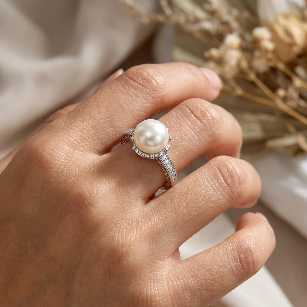 Vintage Eleganter Imitationsperlen-Messingring für Damen Minimalistischer Glänzender Halo-Fingerring mit Kubischem Zirkonia Schmuck Old Money Accessoires – Detail 3