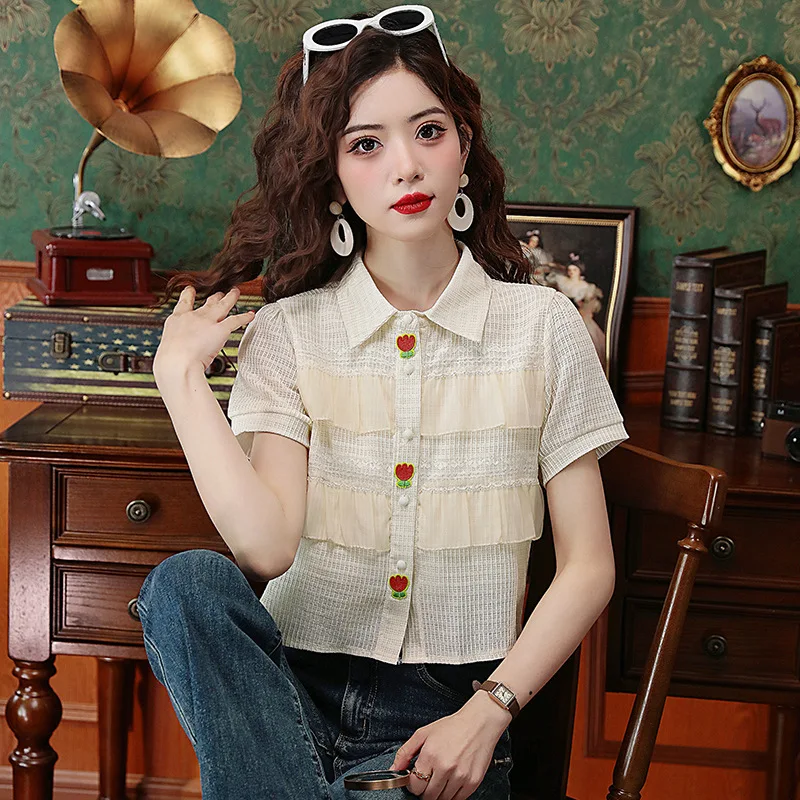 Summer Women's Ruffle Edge Layered Chiffon Short Sleeve Bottoming Shirt Oversized Fashion Versatile Polo Collar Slim Shirt Top