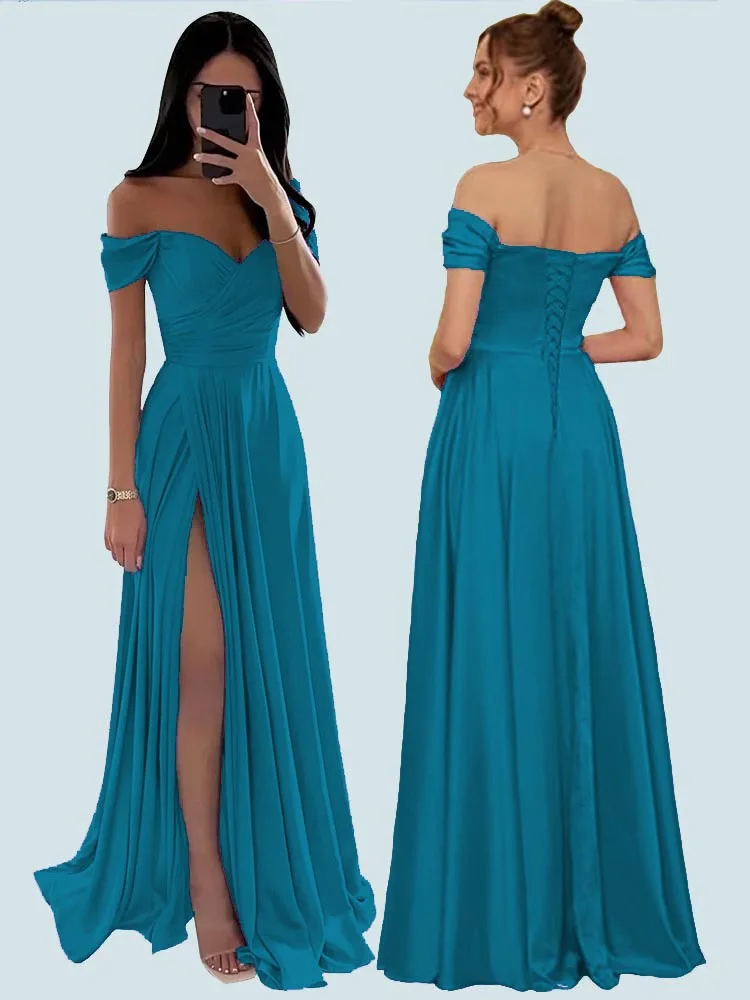 

Women's Off The Shoulder Bridesmaid Dresses for Wedding Side Slit Pleated Satin Prom Dress A-Line Long Evening Gowns Vestidos