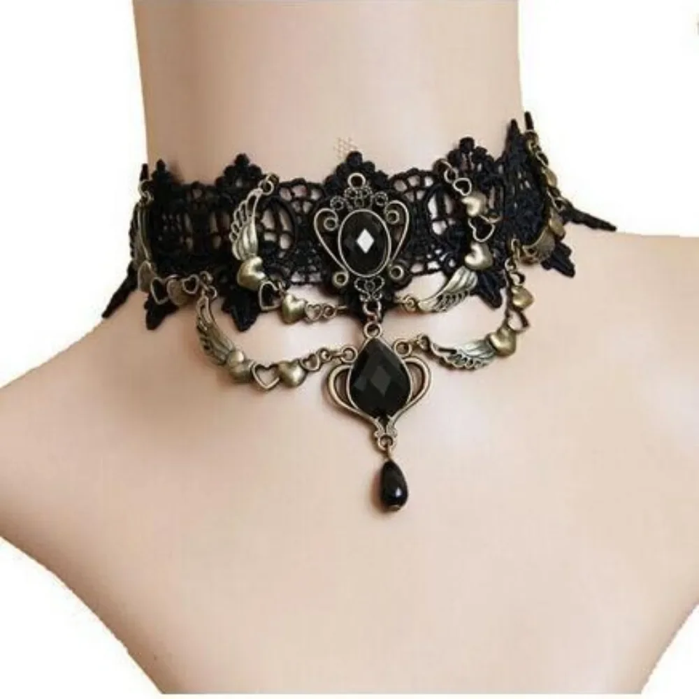 Gothic Crystal Black Lace Neck Choker Necklace for Women Vintage Victorian Steampunk Bracelet Jewelry For Halloween Party