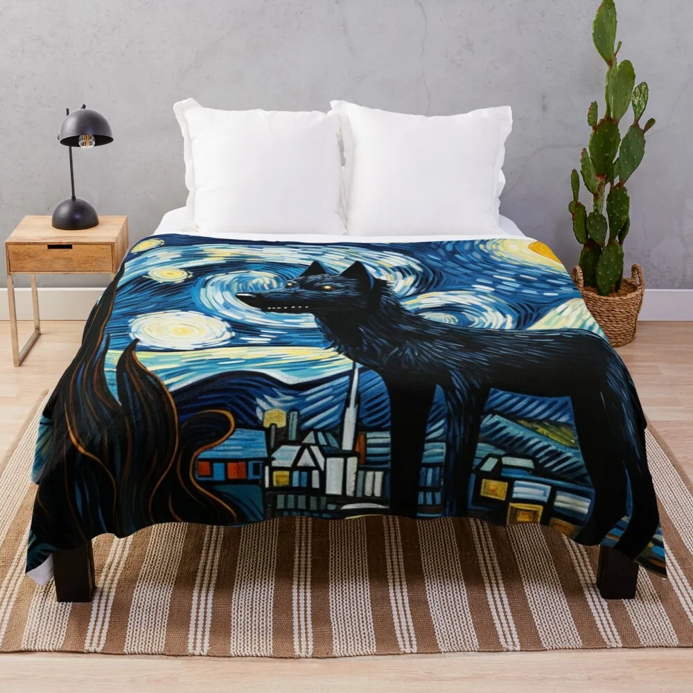 

Starry Night Wolf Van gogh Inspired Painting Throw Blanket Cute Blanket Winter bed blankets