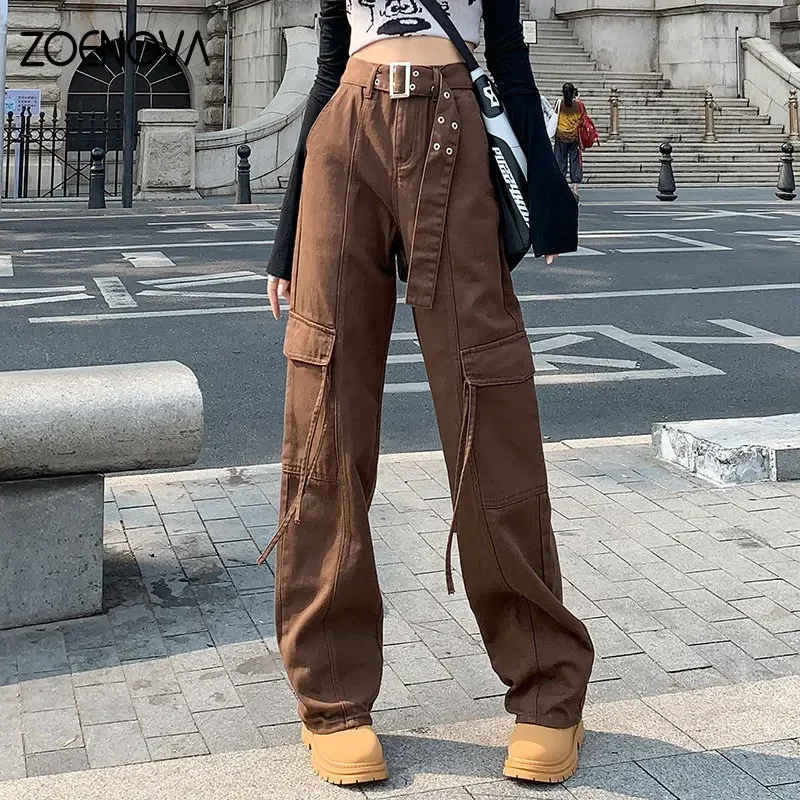 

ZOENOVA Fashion Wide Leg Y2K Pants Women's Jeans Independent Belt Design Tooling Pockets American Style Retro Casual Denim Jean
