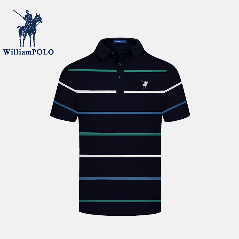 

Деловая повседневная мужская одежда WILLIAMPOLO, полосатая рубашка-поло с коротким рукавом, дышащая майка-поло с лацканами и пуговицами, на лето