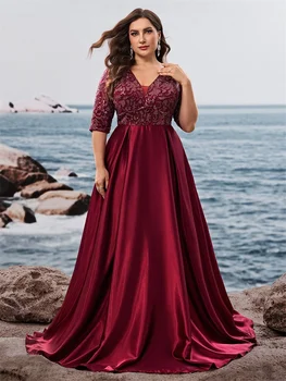 فستان سهرة فاخر بأكمام قصيرة من الساتان على شكل حرف v مقاس كبير للنساء ترتر أنيق للحفلات الراقصة بطول الأرض فساتين كوكتيل 4