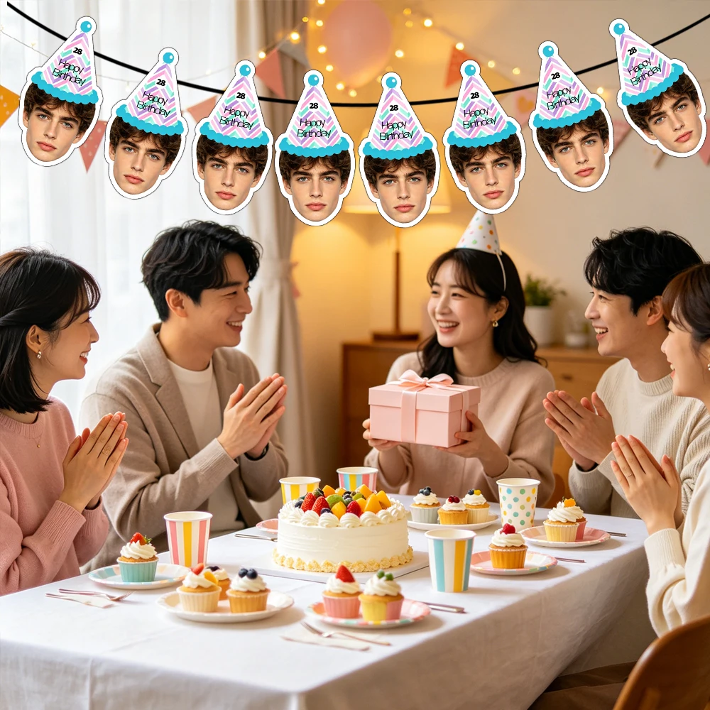 8개 맞춤형 얼굴 사진 생일 배너, 개인 맞춤형 얼굴 컷아웃 생일 및 퇴직 기념 파티 장식