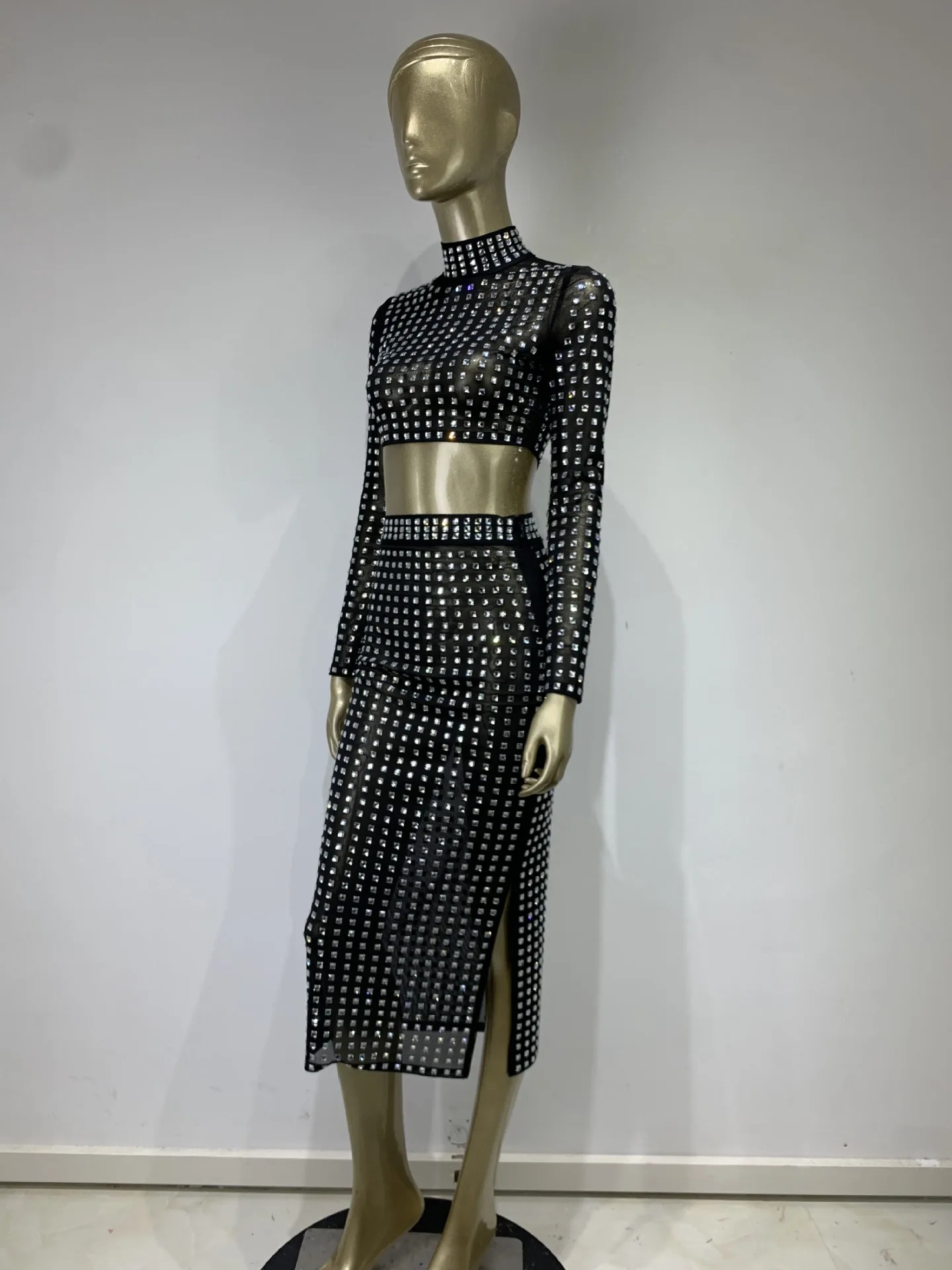 2023 Women Summer Sexy Long Sleeve Turtleneck Beading Black Bandage Set Celebrity Designer Fashion Women's Set