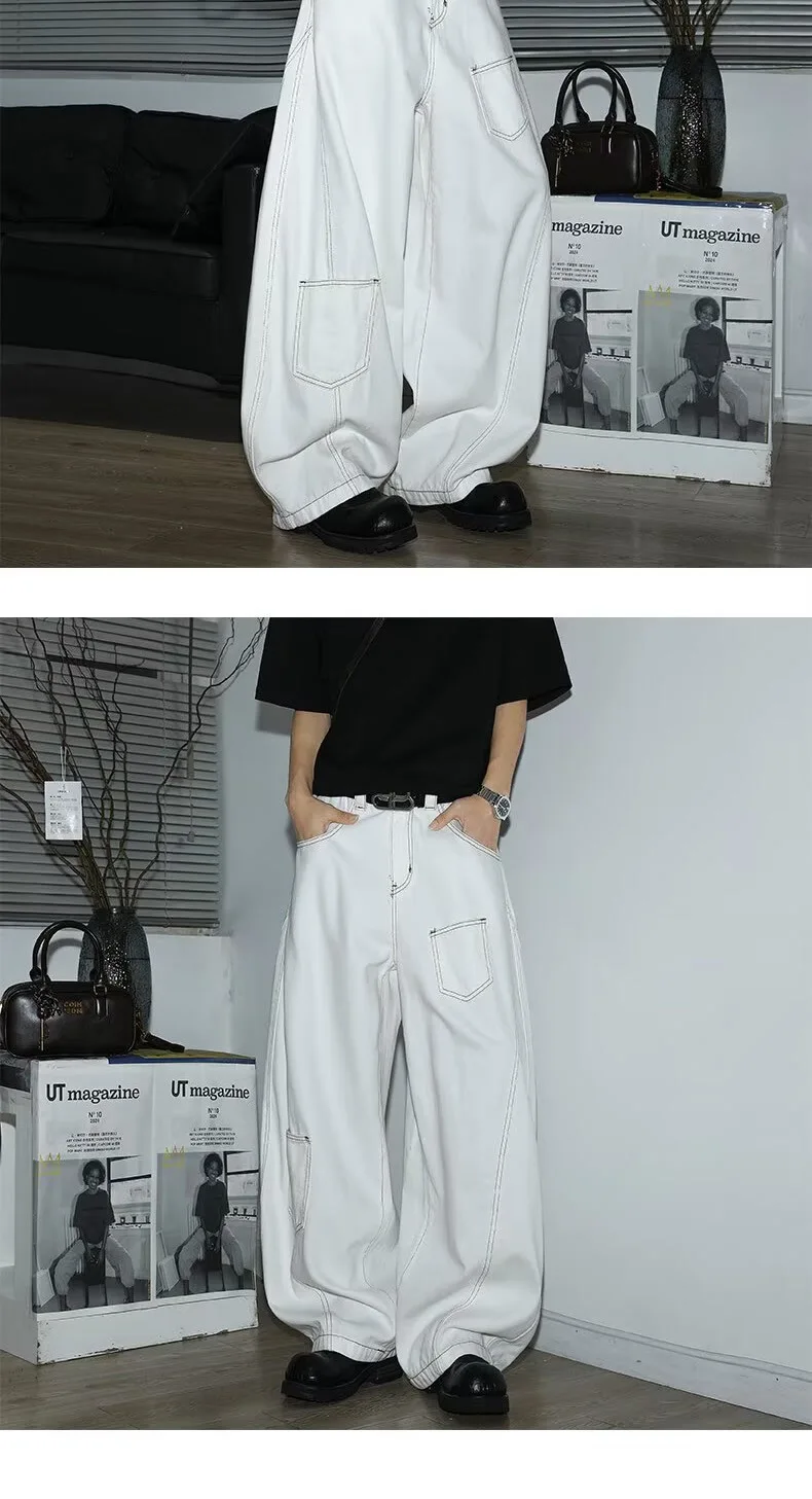 Y2K Men's Jeans White High-Waisted Wide-Leg Denim Pants Retro Baggy Style Fashion Loose Fit Casual Denim Trousers Streetwear
