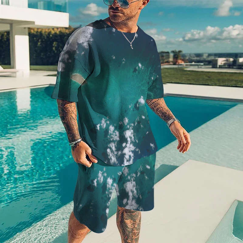 Summer Men's Short Sleeve Two Piece 3D Printed Harajuku T-Shirt Men's T-Shirt Shorts Set O-Neck Sportswear Streetwear