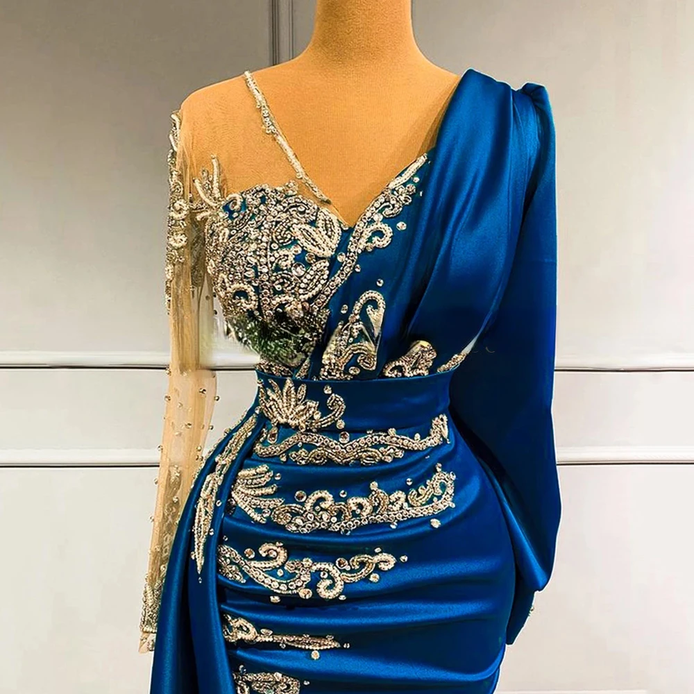 Sexy Formal Gowns Sheer Tulle V-Neck Long Sleeves Beading Applique Party Dresses For Lady Celebrity Evening Dress women prom dresses